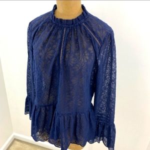 Lumie Navy Blue Floral Eyelet Lace Semi Sheer Long Sleeve Peplum Top Sz L Large